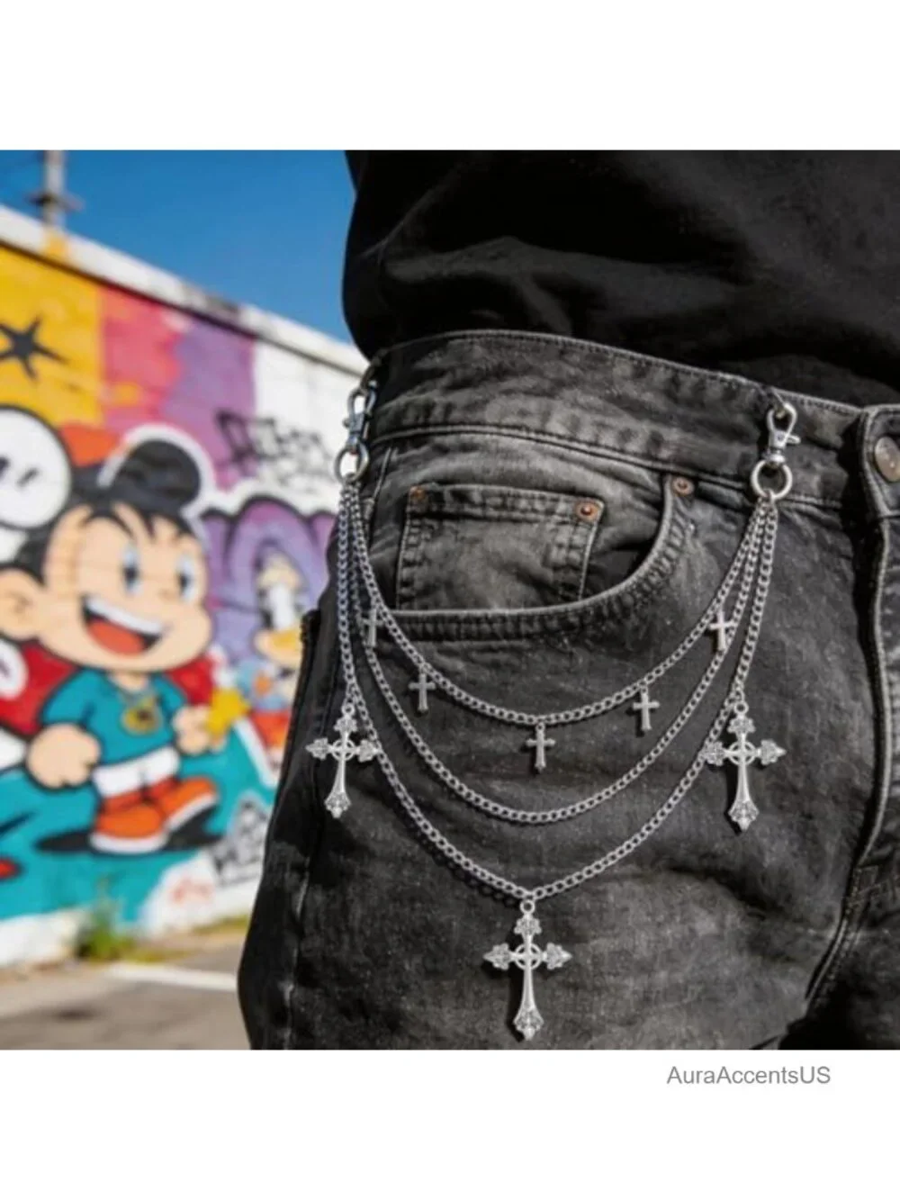 3-Layer Silver Cross Punk Chain Belt Hip Hop Gothic Jeans Chain Streetwear